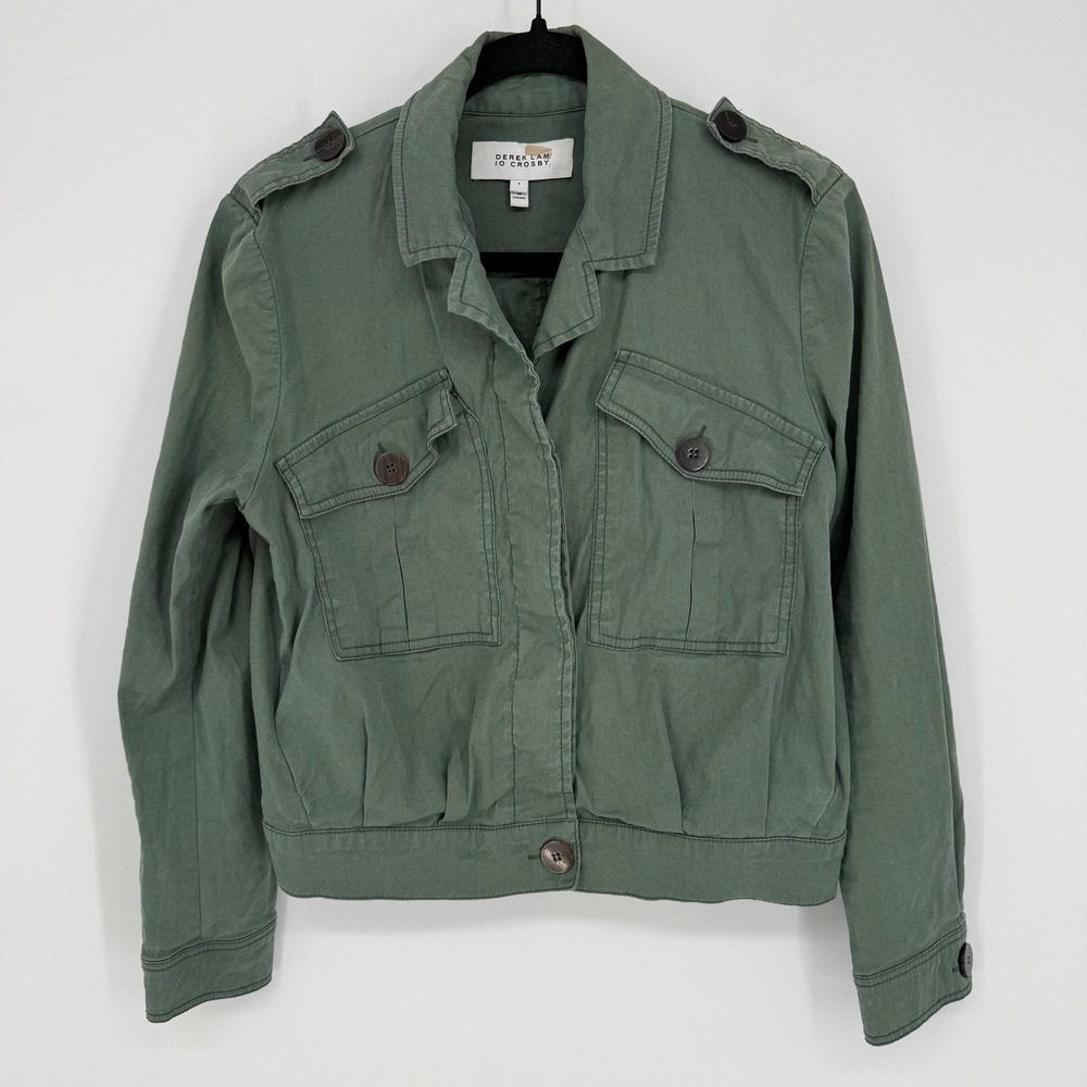 DEREK LAM 10 CROSBY‎ GWEN FIELD JACKET OLIVE GREEN SZ6 UTILITY CARGO LINEN BLEND